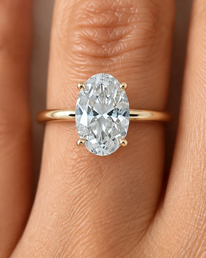 An oval solitaire in yellow gold shown on a hand